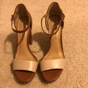 Antonio Melani tan and nude chunky heels.